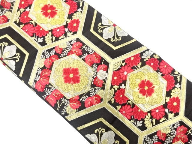 アンティーク　亀甲繋ぎに菊桐模様織出し袋帯（着用可）